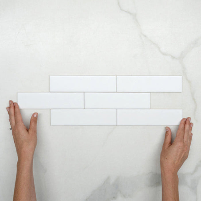 Pattern With Hand Sunset Bianco White Satin Flat Ceramic Tile 50x200mm  - The Blue Space