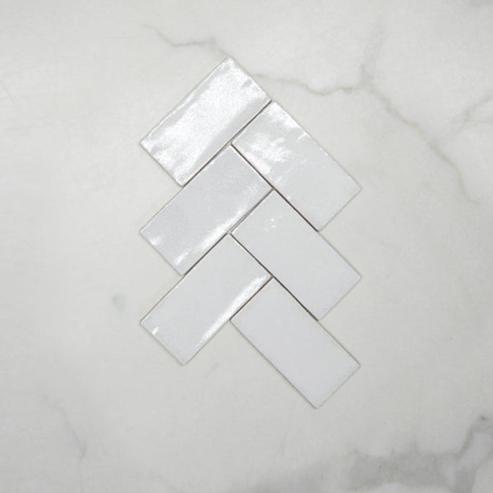 Fishbone No Hand White Dianna Hand Made Subway Tile 75 x 150 x 9mm Spanish Ceramic  | The Blue Space
