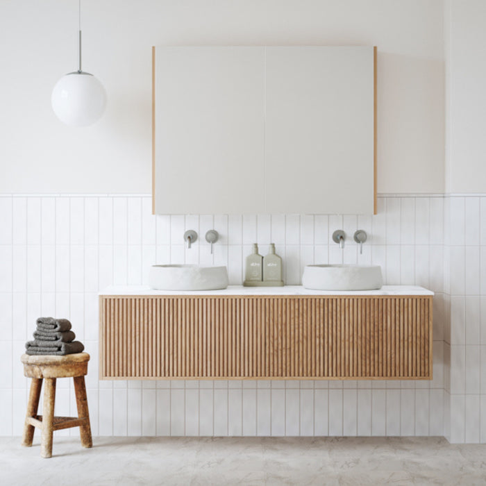 Whitehaven White Wavy Satin Ceramic Subway Tile 68x280mm with Ingrain Grooved Wall Hung Vanity  - The Blue Space