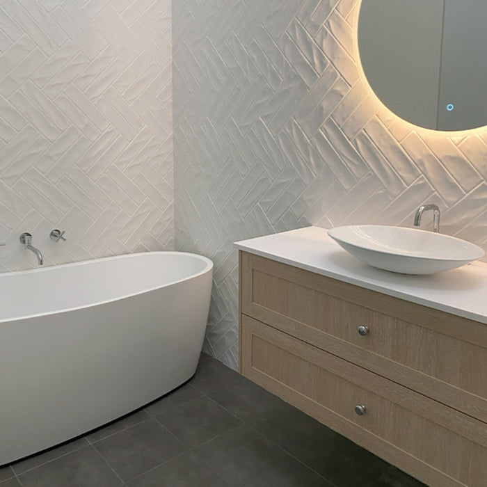 Bathroom Whitehaven White Wavy Satin Ceramic Subway Tile 68x280mm HAMWHS13 - The Blue Space